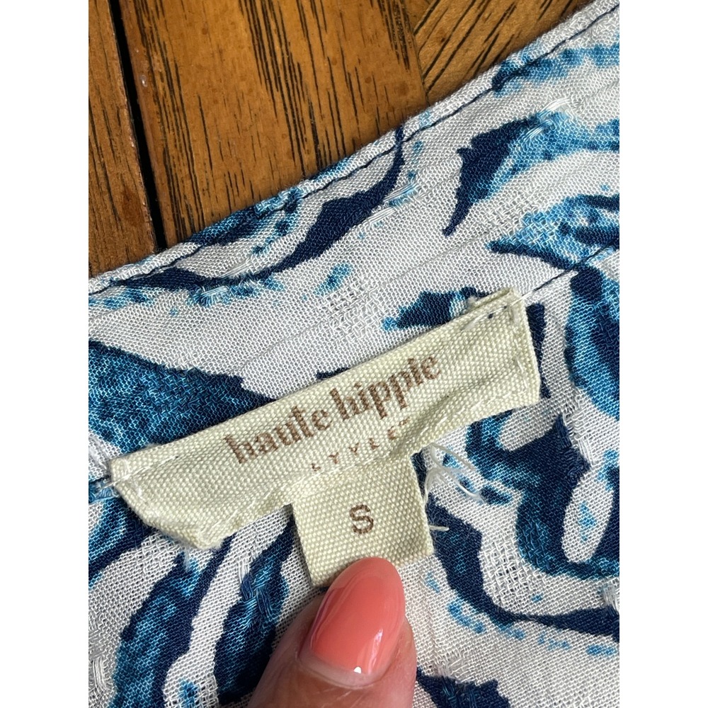 Haute Hippie Blouse Blue White Damask Paisley Button Front Boho Top S - Picture 10 of 11